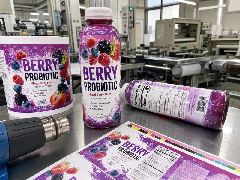 Shrink sleeve 360 full-wrap on tapered juice bottle
