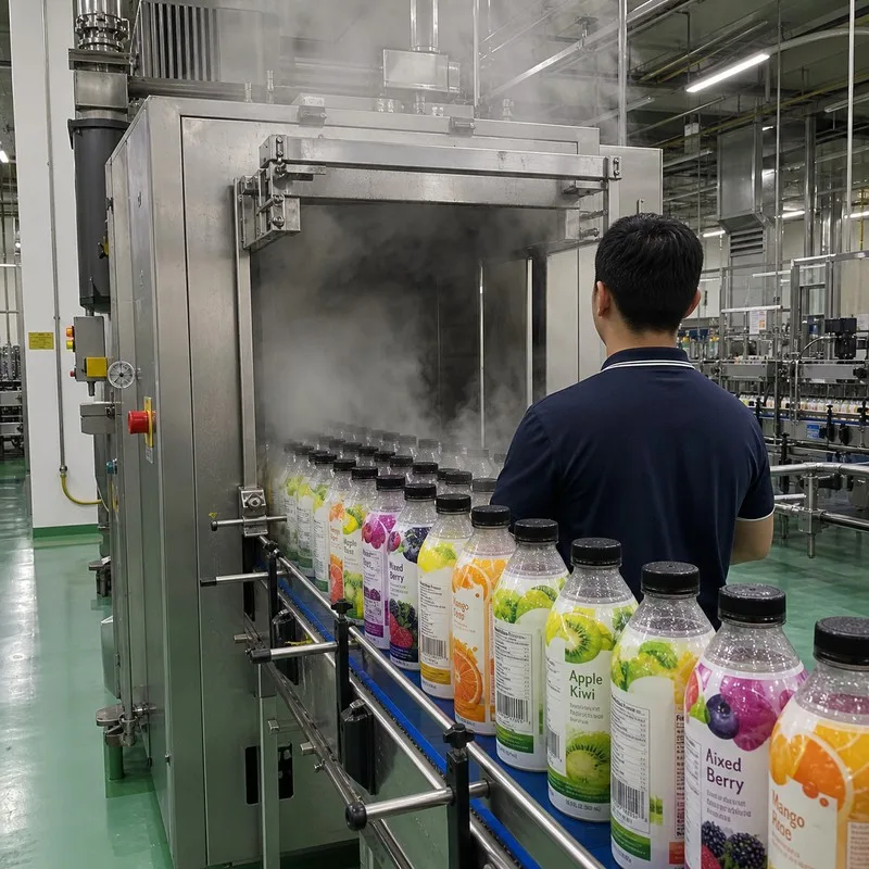 Shrink sleeve steam tunnel for tapered and square juice bottles