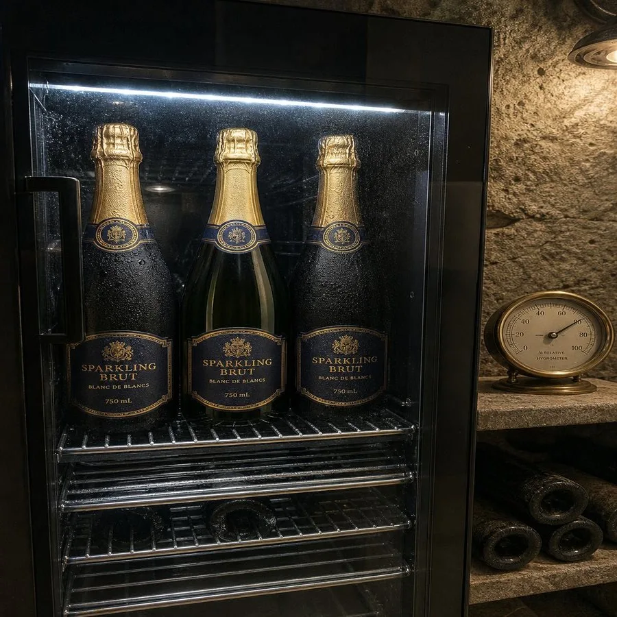 Sparkling wine labels humid cellar