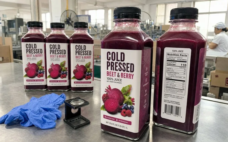 Square rectangular juice bottle corner-wrap label