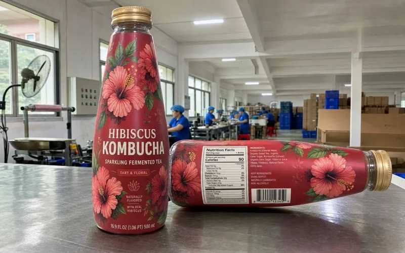 Tapered conical juice bottle with shrink sleeve