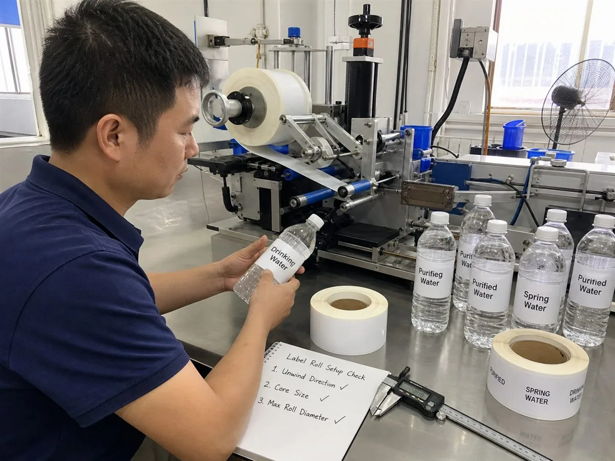 Technician checking label application settings on test applicator bench