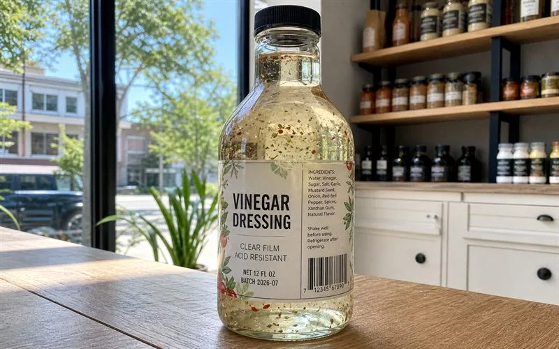 Vinegar dressing bottle with clear label