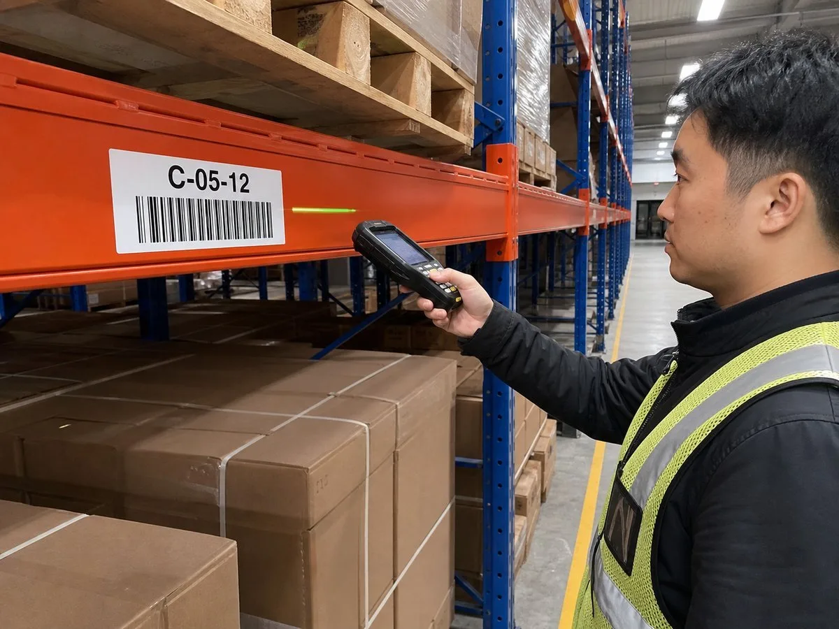 Warehouse rack beam carrying a wide Code 128 location label scannable from a distance