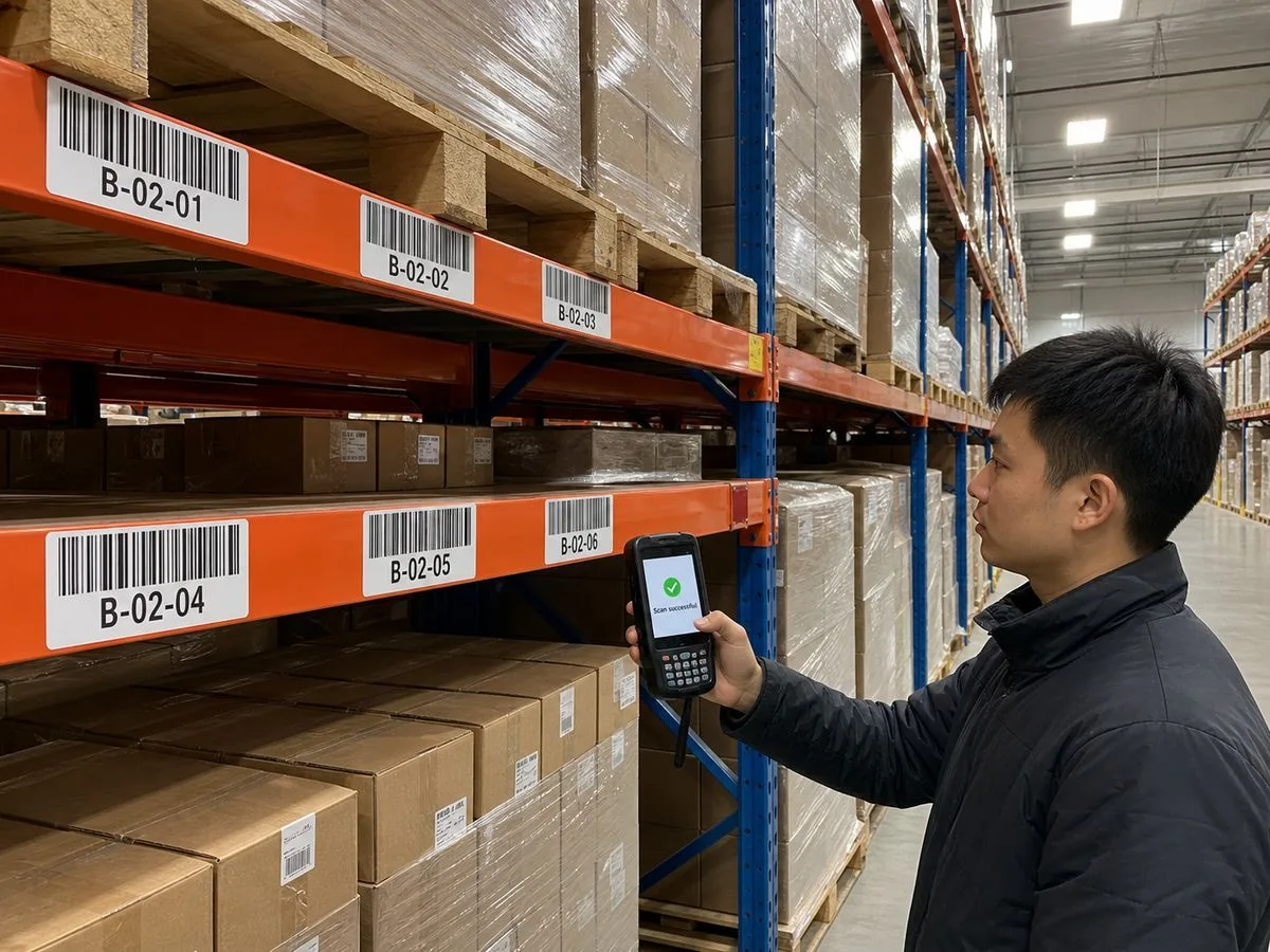 Warehouse rack locations labeled with sequential Code 128 barcodes