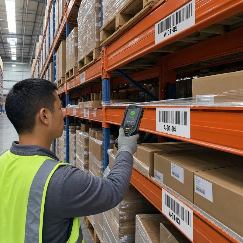 Warehouse rack with sequential Code 128 location labels being scanned