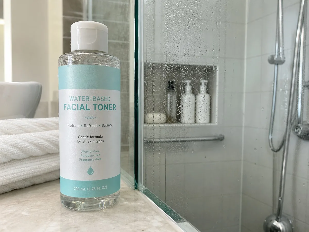 Toner bottle with water-based formula label