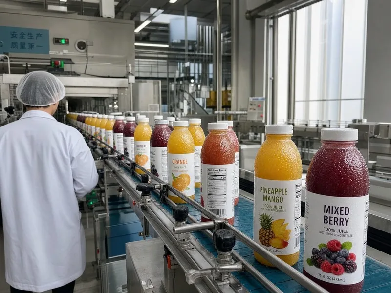 HS wet-bottle filling line with condensation on juice bottles