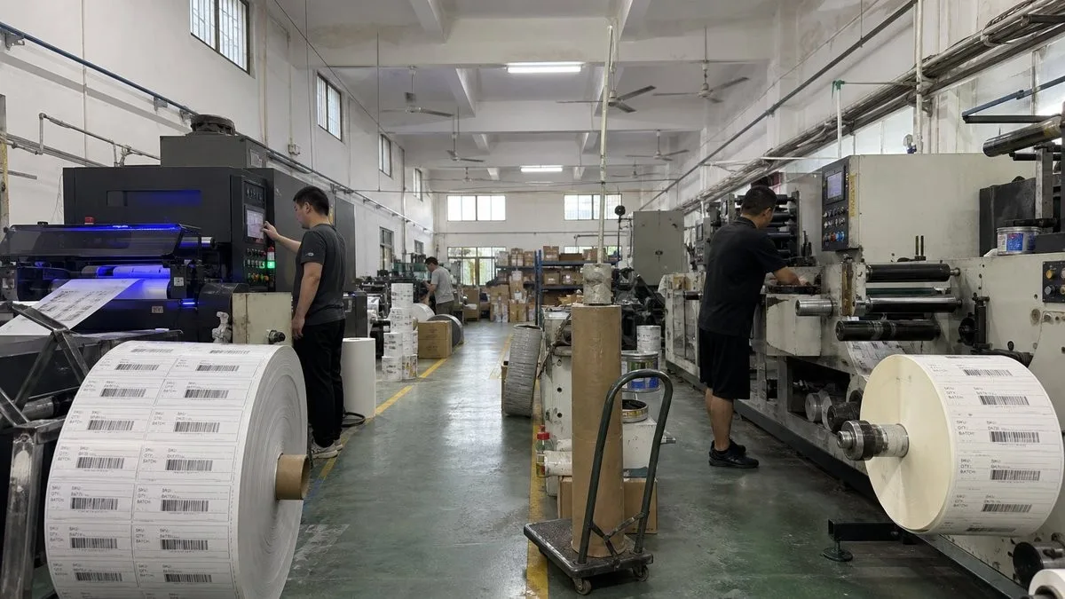 Wide view of the label printing hall with digital and flexo presses