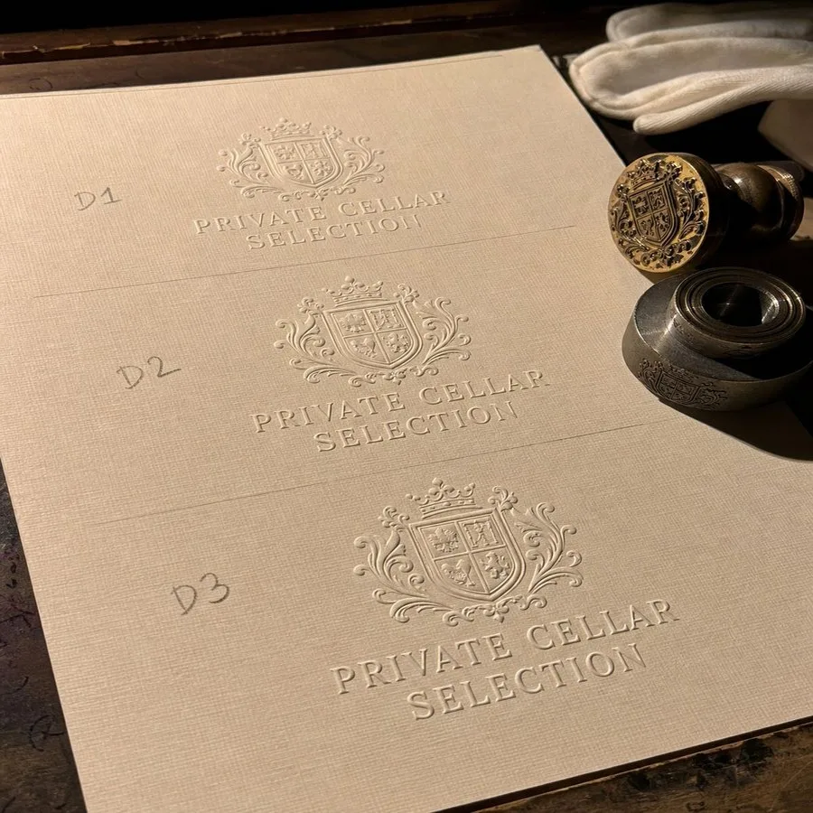 Wine label blind embossing raking light