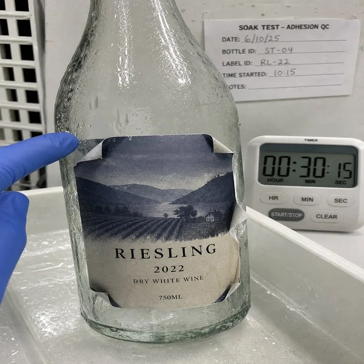 Wine label edge lift wet glass
