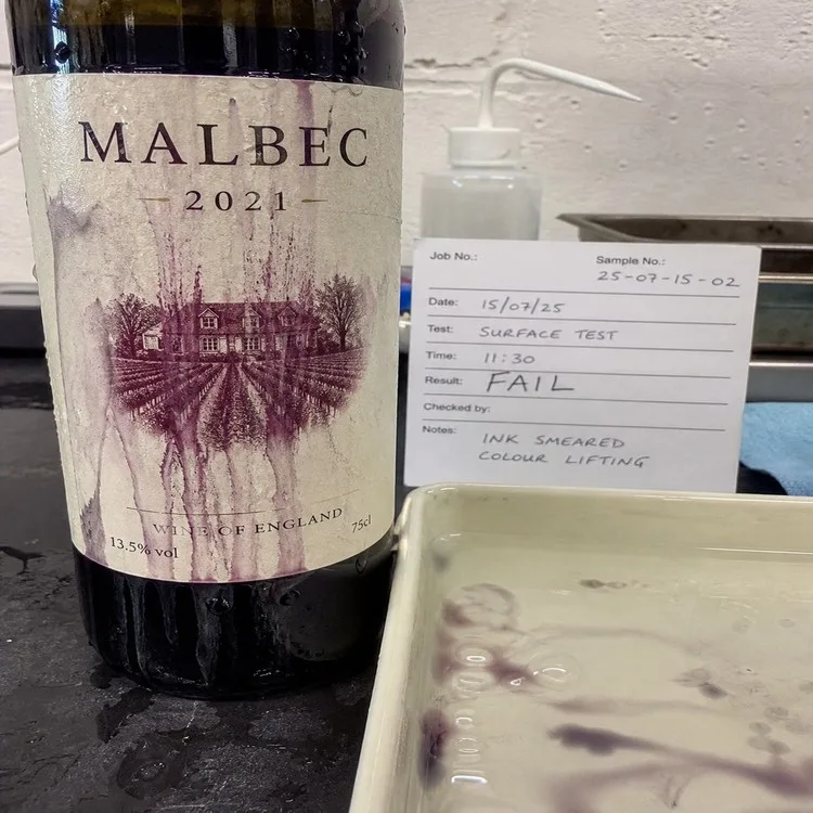 Wine label print surface water damage