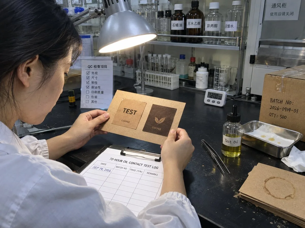 Oil protocol check on kraft coffee bag stock