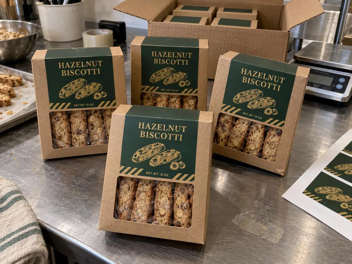 Bakery box label run with brand colors