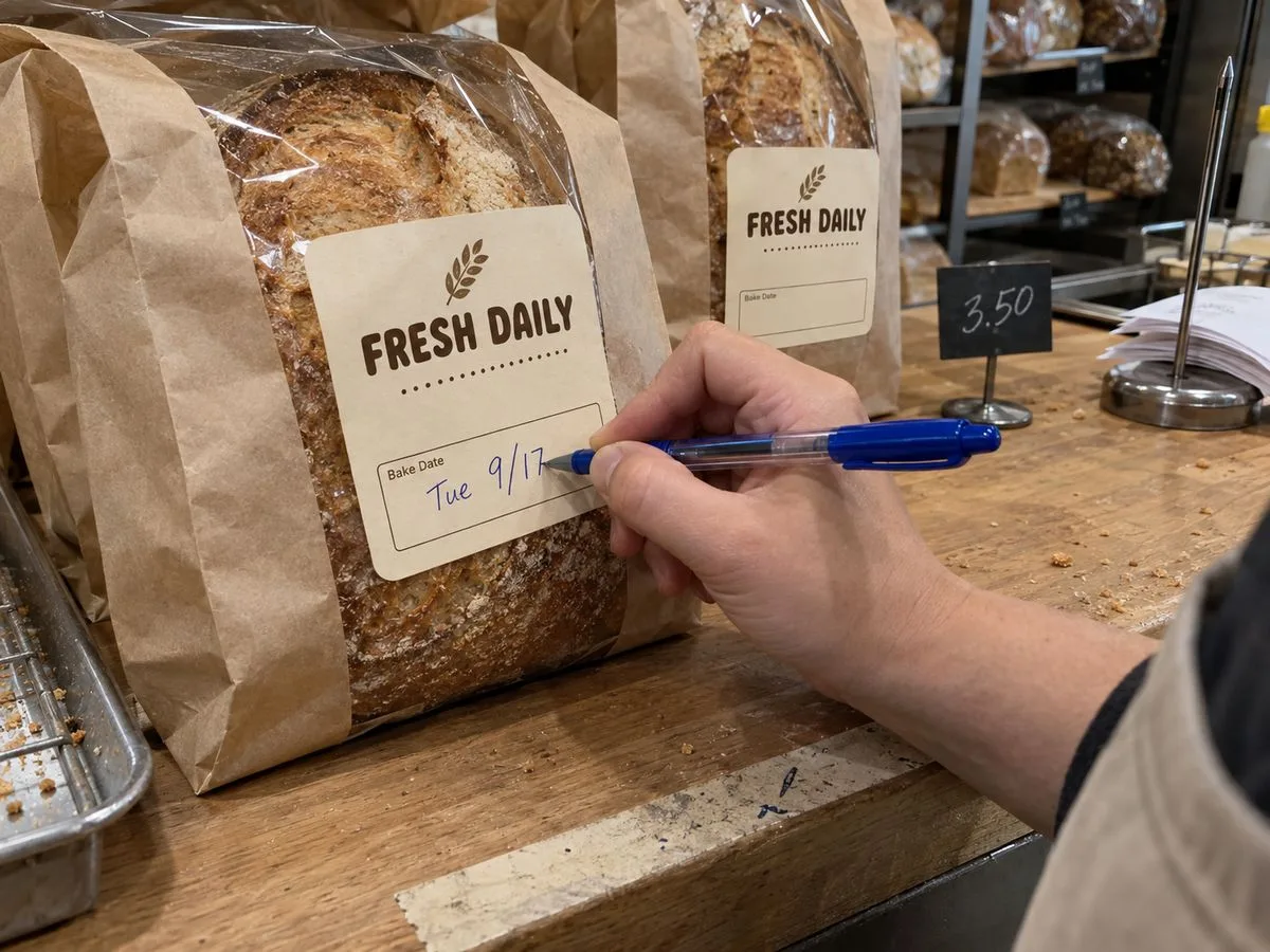 Bakery label with handwritten bake date on a write-in panel