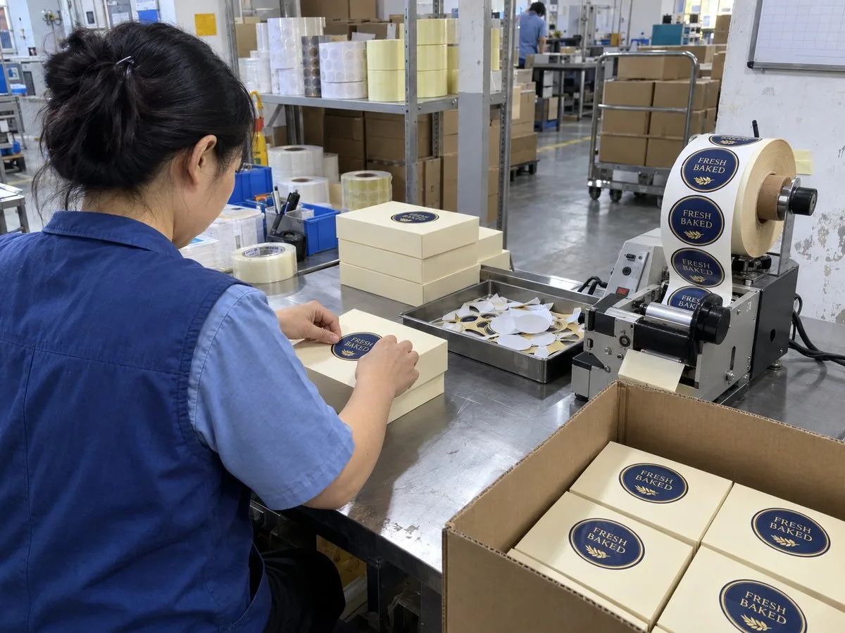 Bakery worker hand-applying a label then a roll on a sealing machine