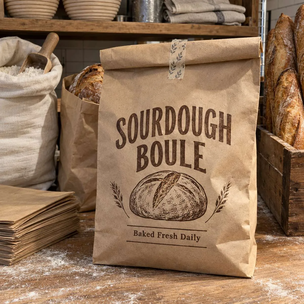 Bread label on a kraft paper bakery bag