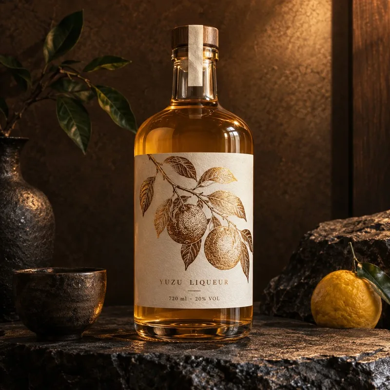 Bronze foil labels craft liqueur bottle