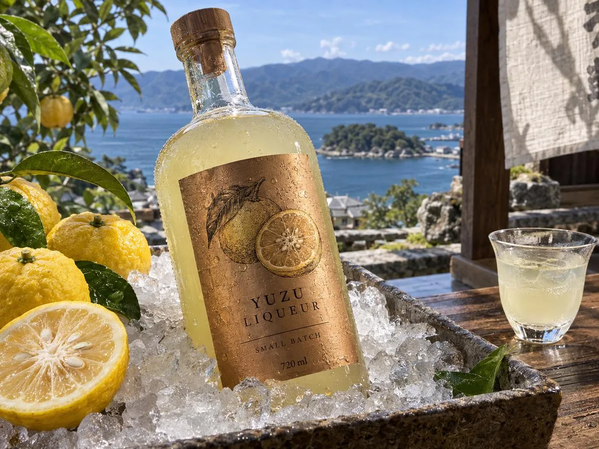 Bronze foil yuzu liqueur wet strength labels
