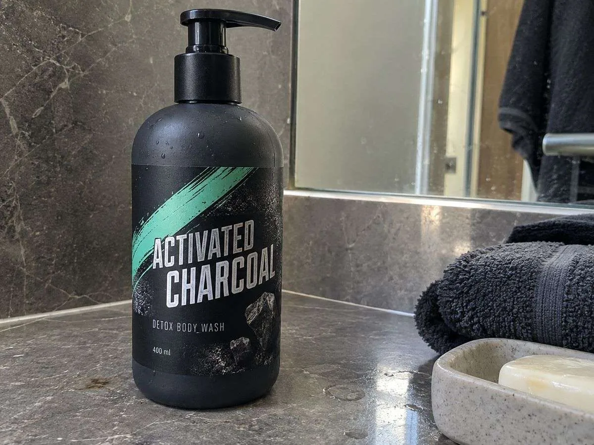 Charcoal soap labels pump bottle wraparound