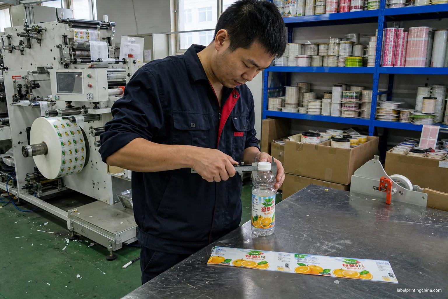 Chinese technician measures juice bottle diameter at the wrap band