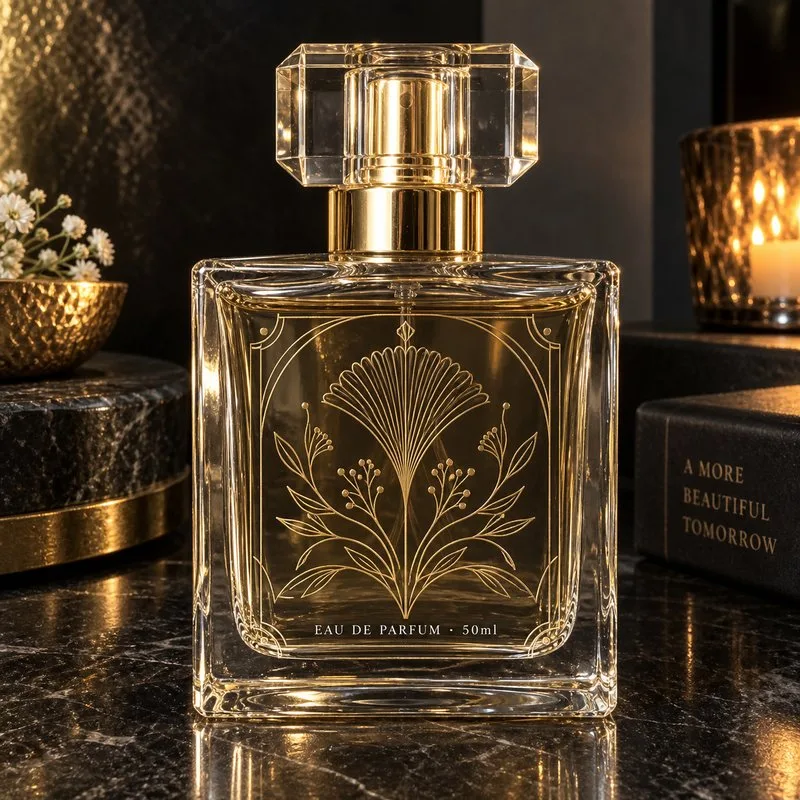 Clear perfume bottle labels gold foil lines