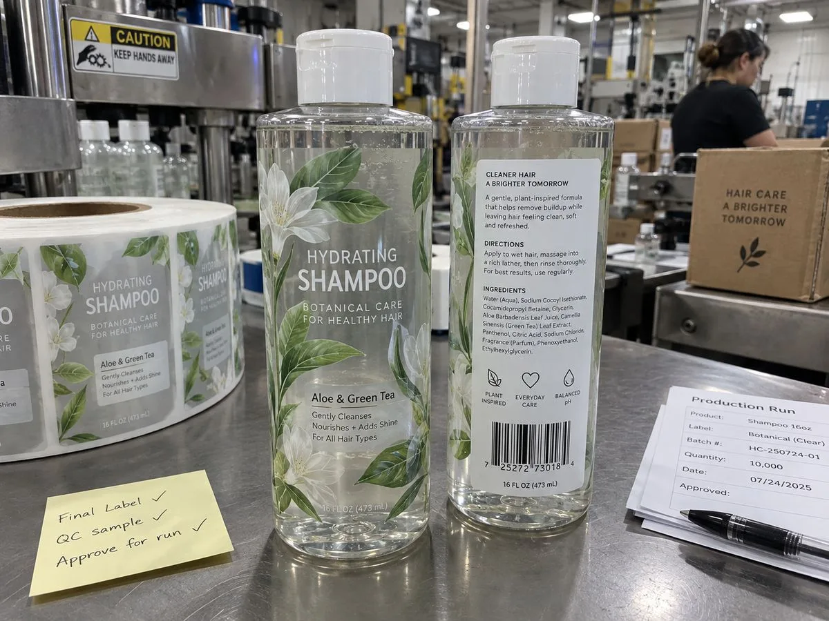 Clear no-label look shampoo bottle with white ink