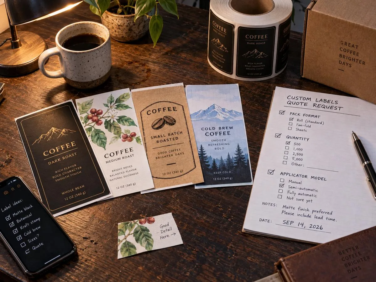 Coffee label samples and quote checklist on a desk