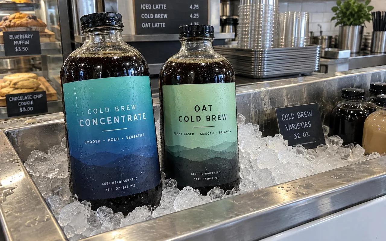 Wet cold-brew bottle with laminated BOPP label in an ice bath