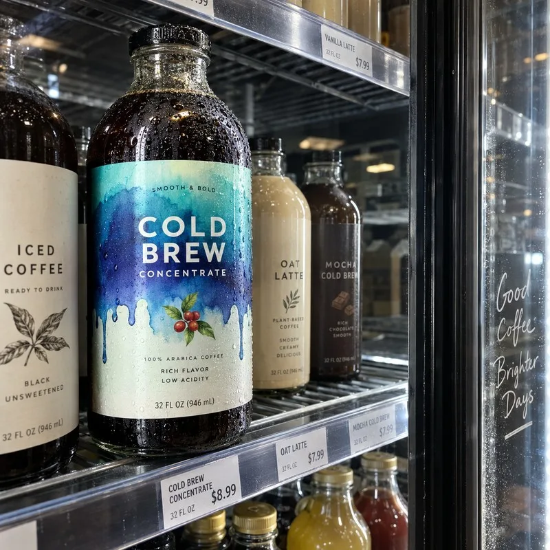 Cold brew bottle label in a refrigerated case