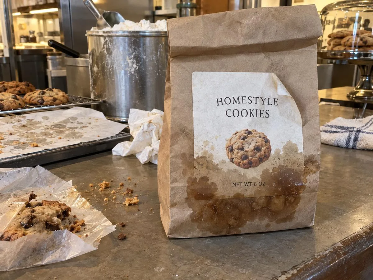 Cookie label with oil stains on a paper pouch