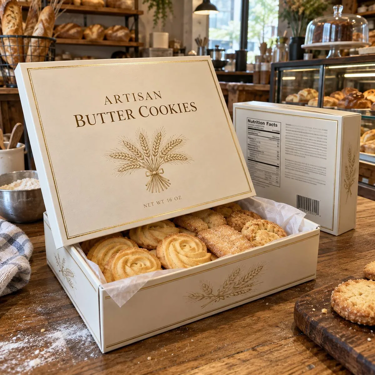Custom bakery label on a cookie gift box