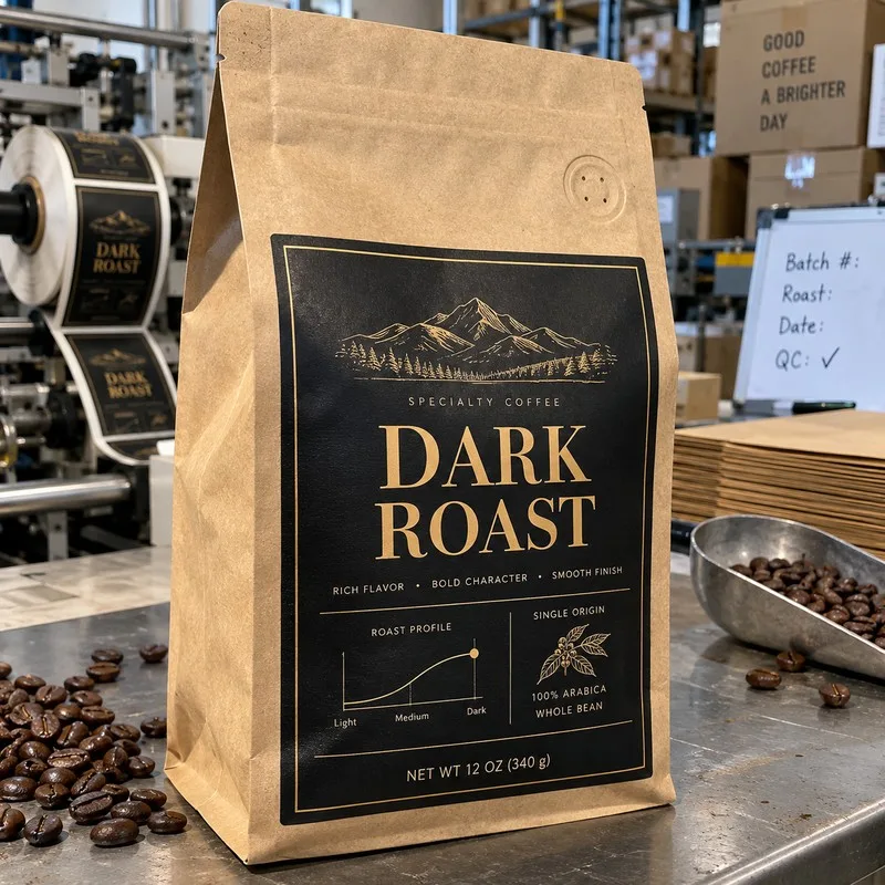 Custom coffee bag label beside a degassing valve