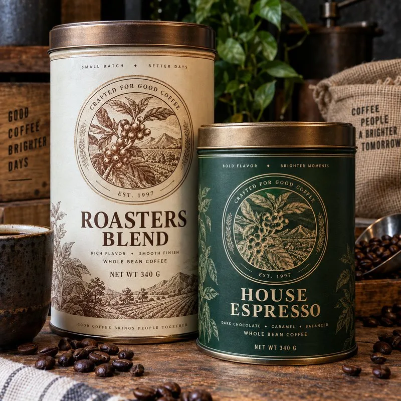 Wrap label on a coffee tin canister