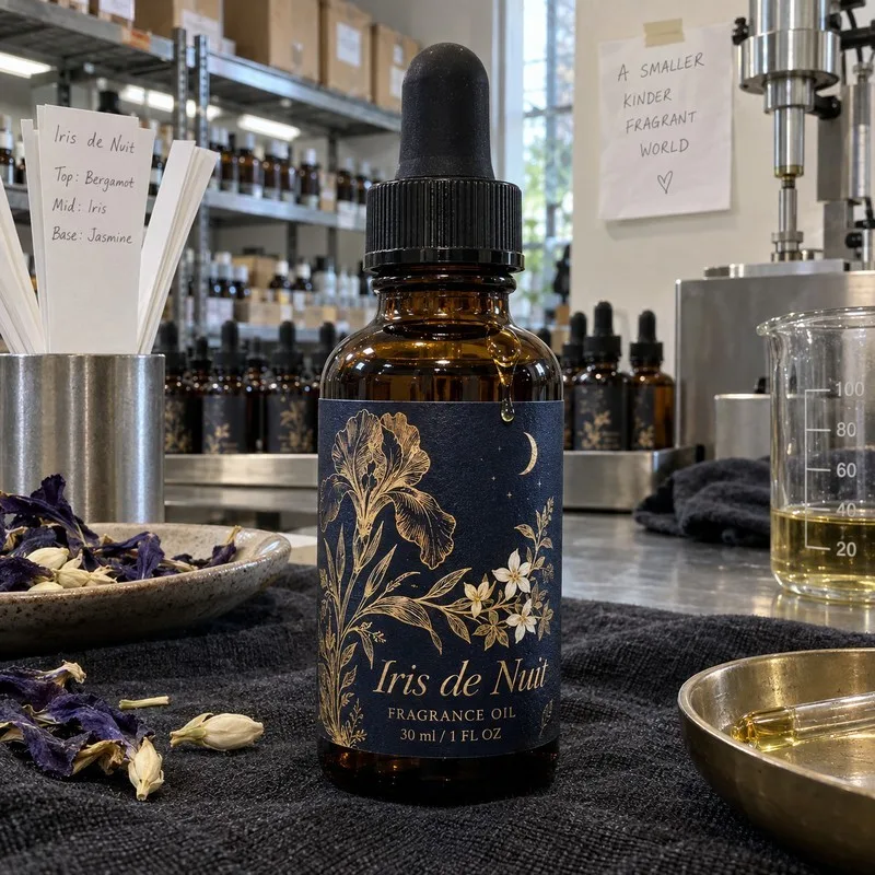 Oil-resistant label on a fragrance oil dropper bottle