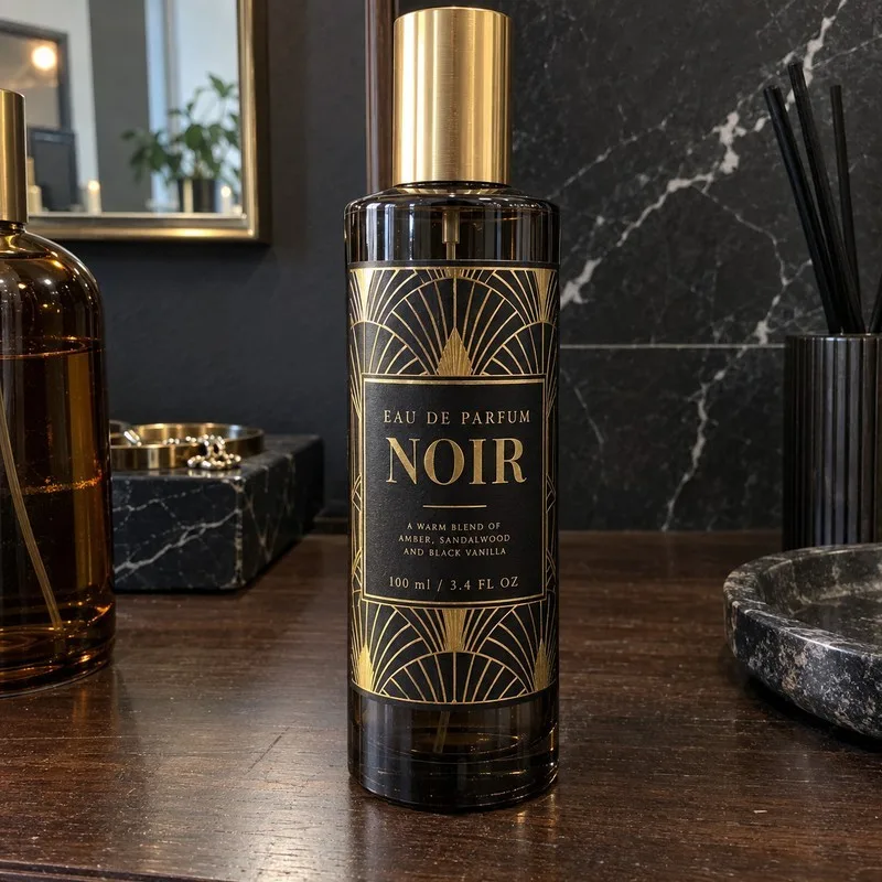 Custom front label on a glass perfume spray bottle