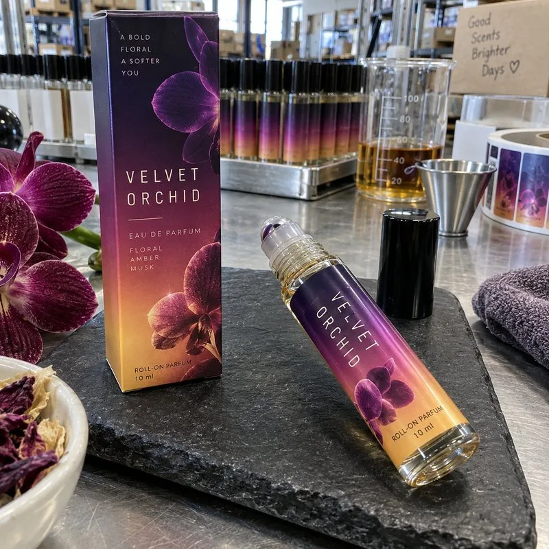 Wrap-around label on a slim roll-on perfume bottle
