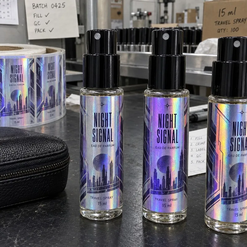 Mini label set on travel atomizer bottles