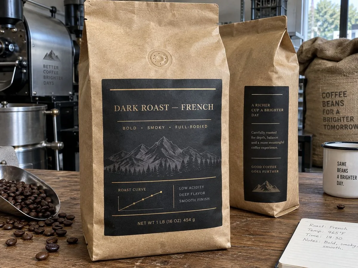 Kraft coffee bag with oil-rated film label offset from valve