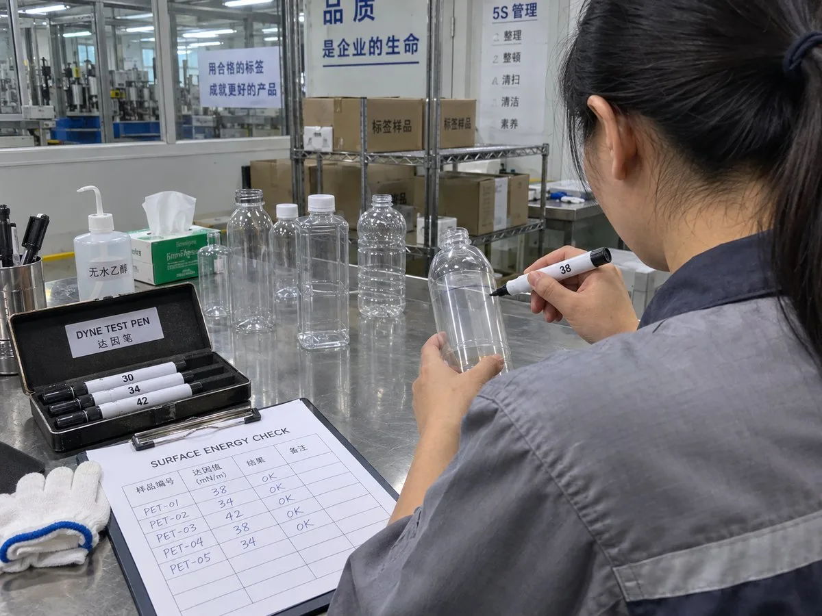 Dyne test bottle surface energy clear labels