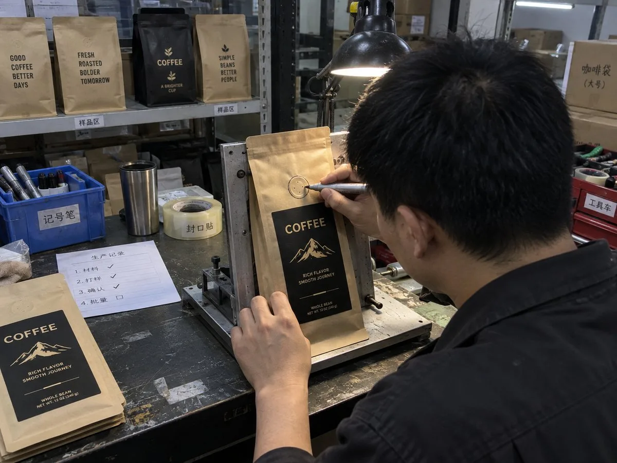 Engineer marking valve keep-out on a coffee bag photo