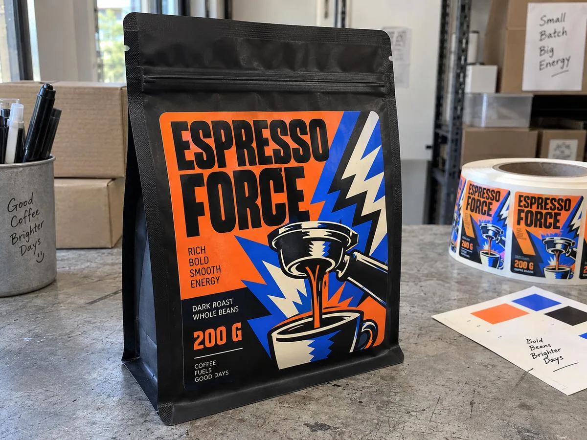 Foil-lined coffee pouch with label on the flat face