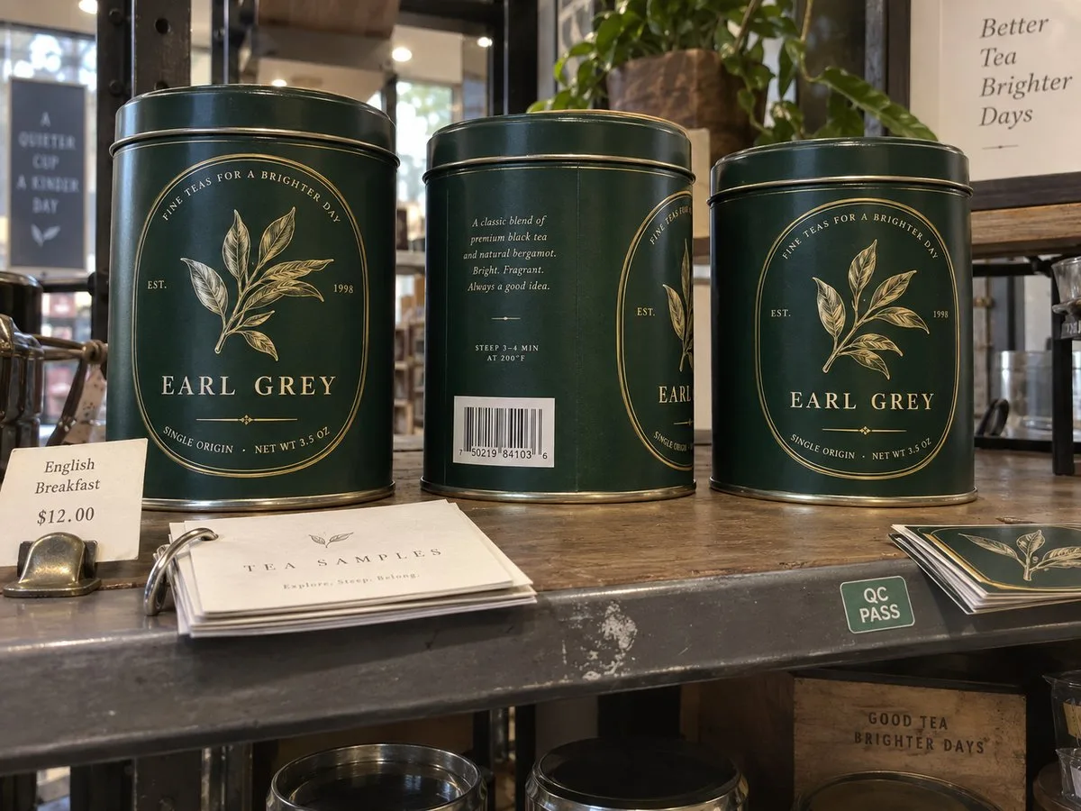 Foil tea labels gold on tins
