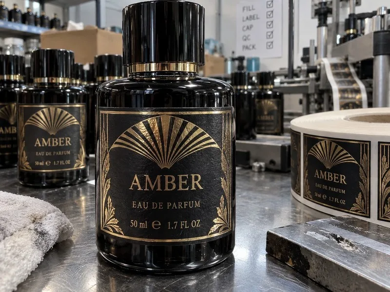 Gold foil logo lines close-up on a perfume label