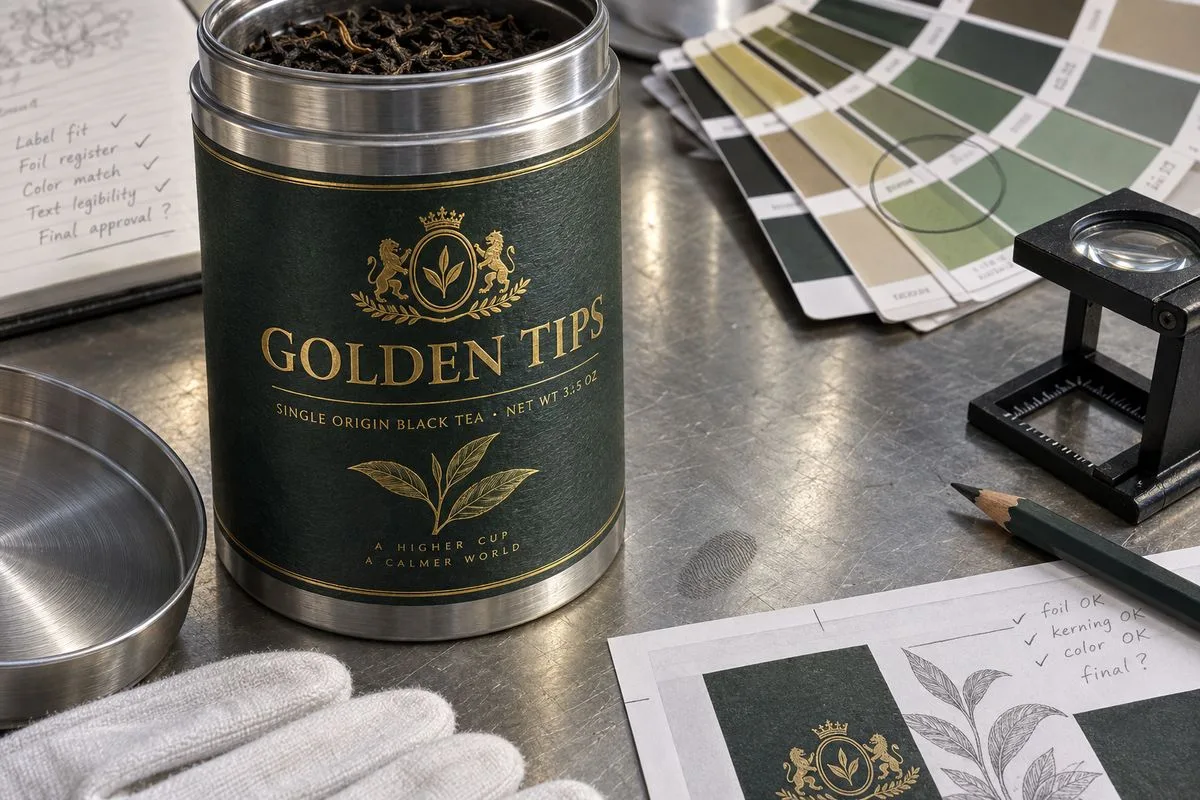 Gold foil tea tin label detail