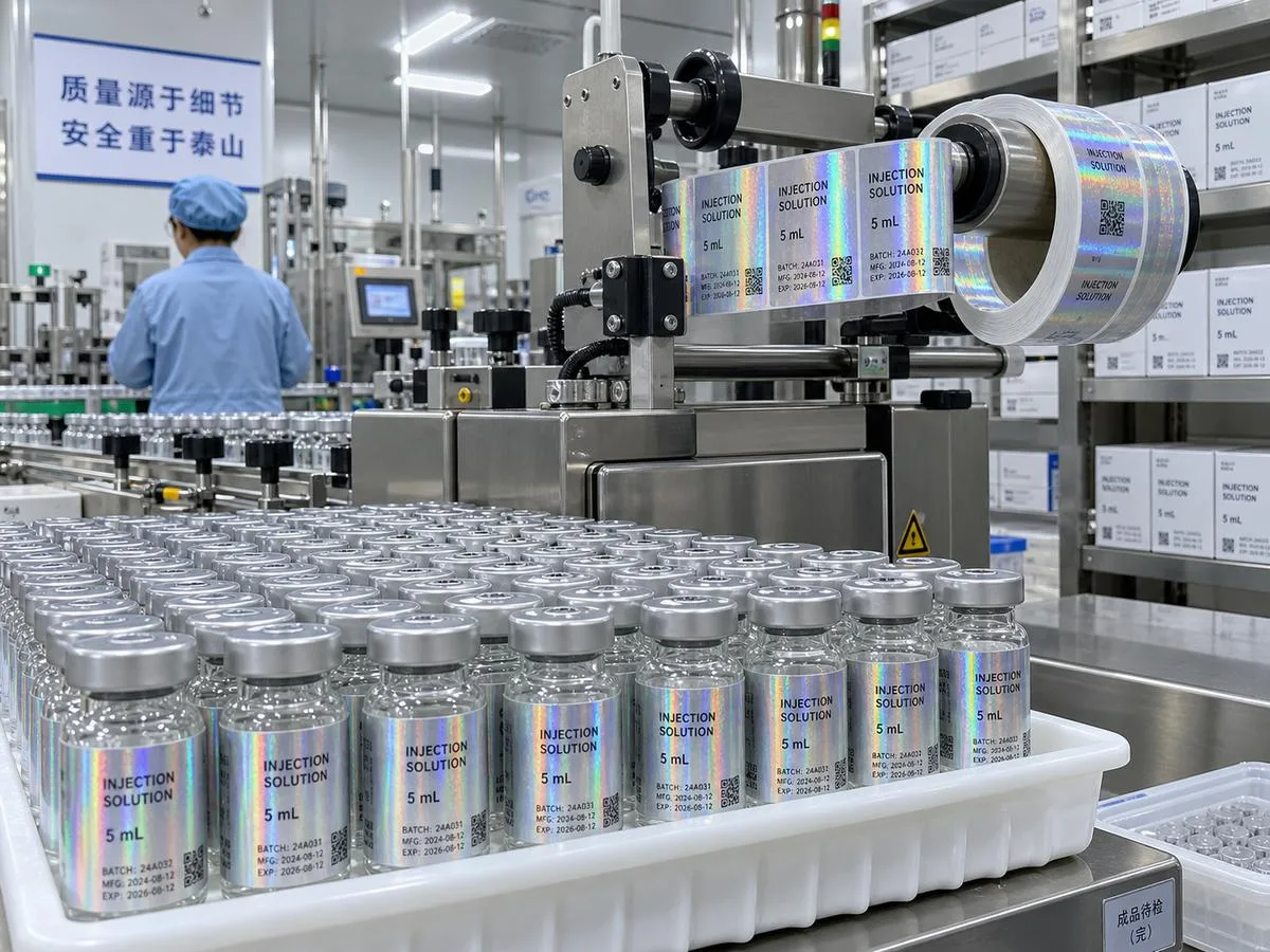 Holographic silver BOPP vial labels production
