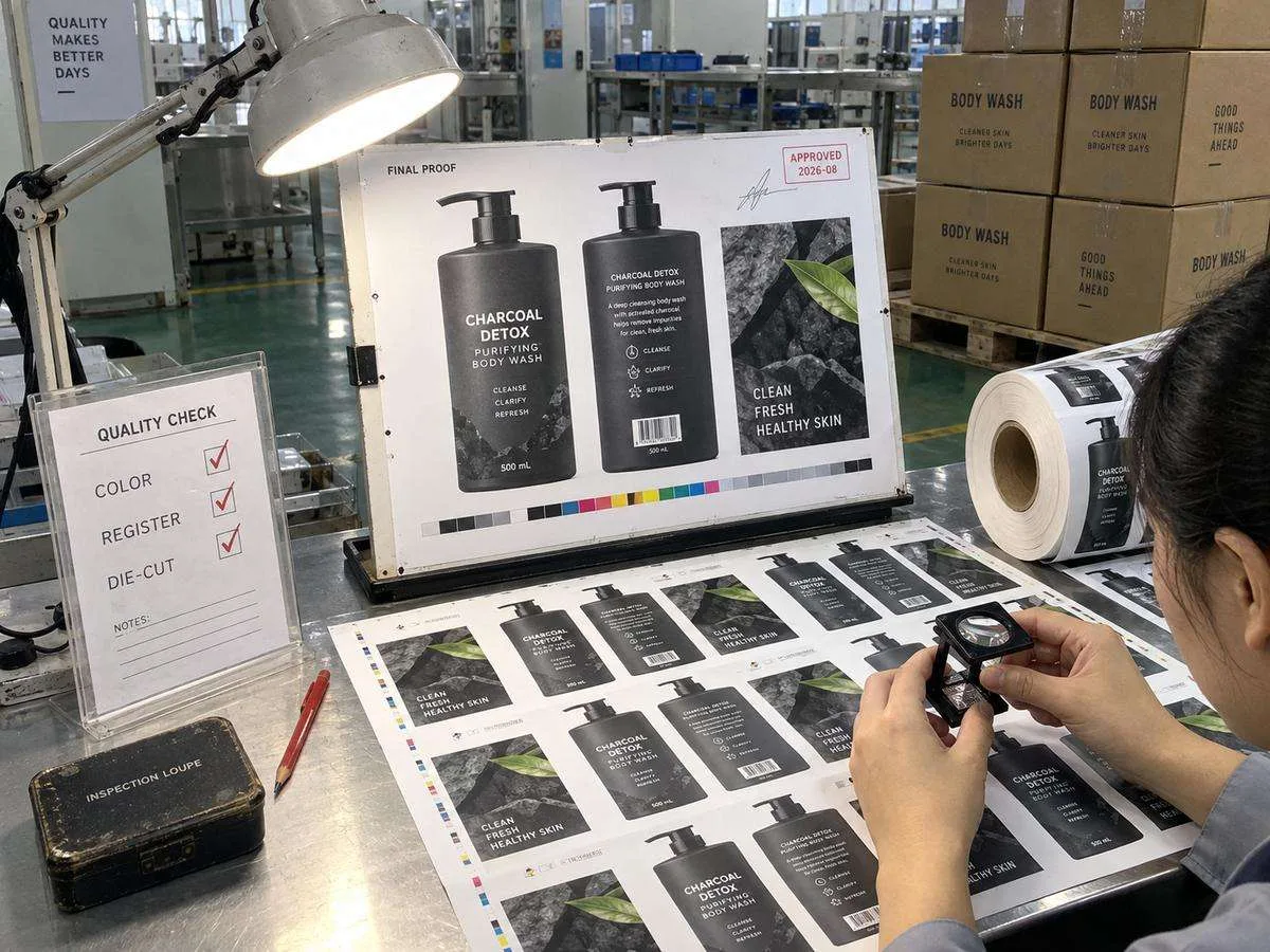 Inline inspection soap bottle labels