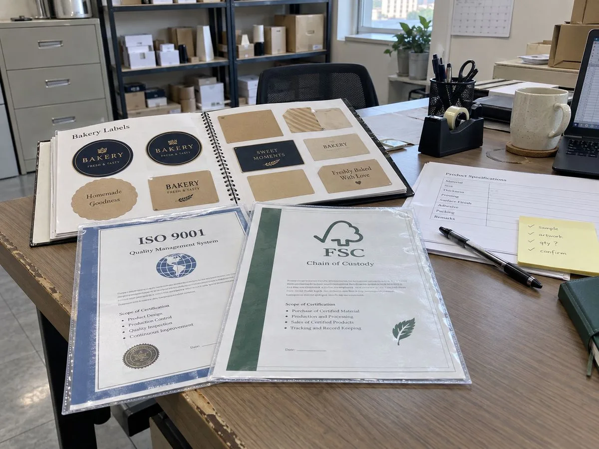 ISO 9001 and FSC certificates on the factory desk