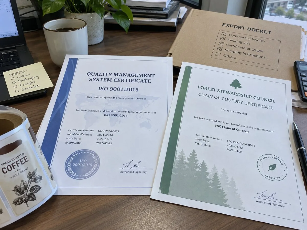 ISO 9001 and FSC certificates on the factory desk