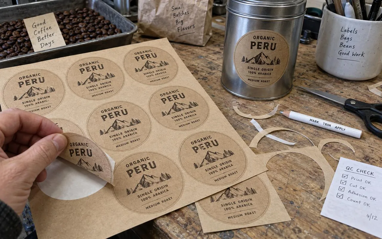 Kiss-cut coffee label sheets ready for hand applying